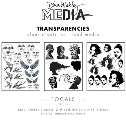 Focals (set 2) - Transparencies ... by Dina Wakley MEdia and Ranger. 6 (six) sheets of clear film printed with black designs, 8.5" x 10.75" in size. Use for creative collage, journaling, bookmaking, scrapbooking, mixed media and other visual arts. Dina Wakley MEdia Transparencies include 6 sheets with a variety of designs on each sheet. Designs are of beautiful silhouettes and focal points for artwork - peaceful moon faces, swallows flying, angel wings, and portraits with artistic flair.