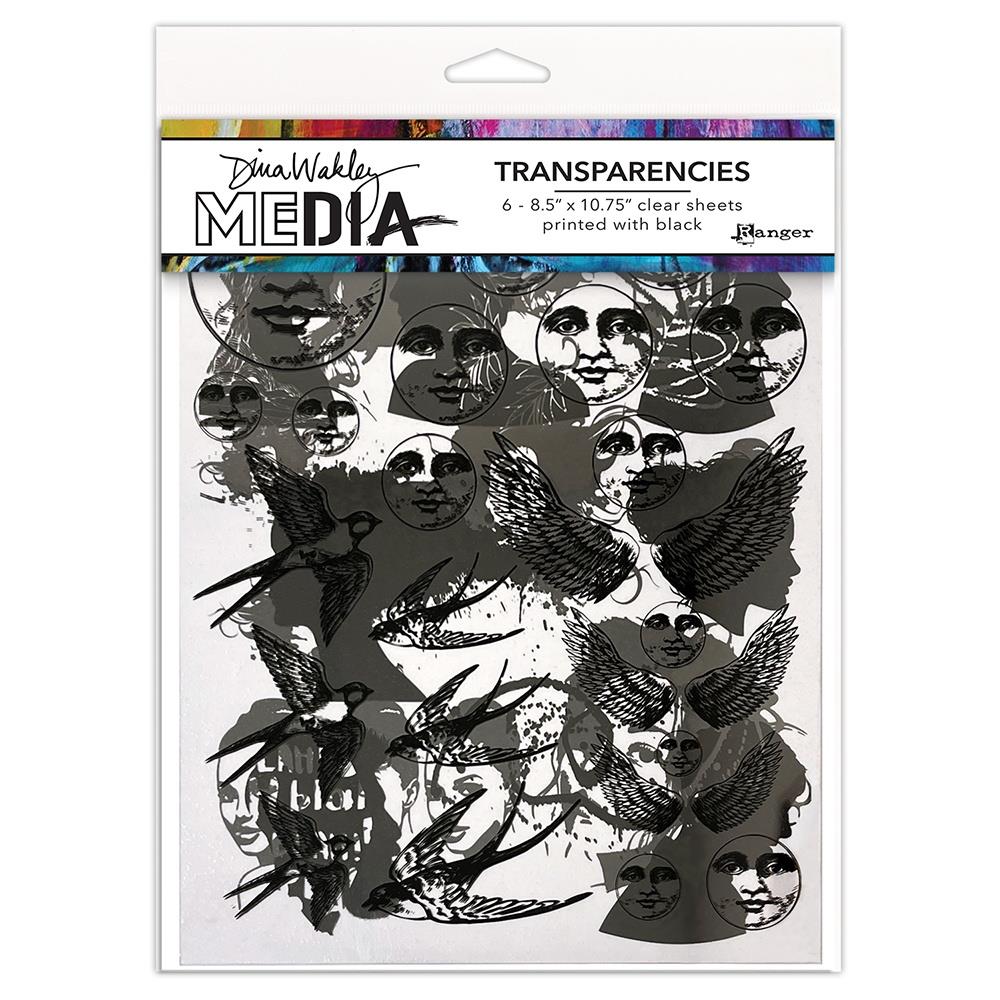 Focals (set 2) - Transparencies ... by Dina Wakley MEdia and Ranger. 6 (six) sheets of clear film printed with black designs, 8.5" x 10.75" in size. Use for creative collage, journaling, bookmaking, scrapbooking, mixed media and other visual arts. Dina Wakley MEdia Transparencies include 6 sheets with a variety of designs on each sheet. Designs are of beautiful silhouettes and focal points for artwork - peaceful moon faces, swallows flying, angel wings, and portraits with artistic flair. MDA82828