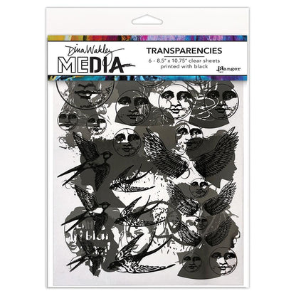 Focals (set 2) - Transparencies ... by Dina Wakley MEdia and Ranger. 6 (six) sheets of clear film printed with black designs, 8.5" x 10.75" in size. Use for creative collage, journaling, bookmaking, scrapbooking, mixed media and other visual arts. Dina Wakley MEdia Transparencies include 6 sheets with a variety of designs on each sheet. Designs are of beautiful silhouettes and focal points for artwork - peaceful moon faces, swallows flying, angel wings, and portraits with artistic flair. MDA82828