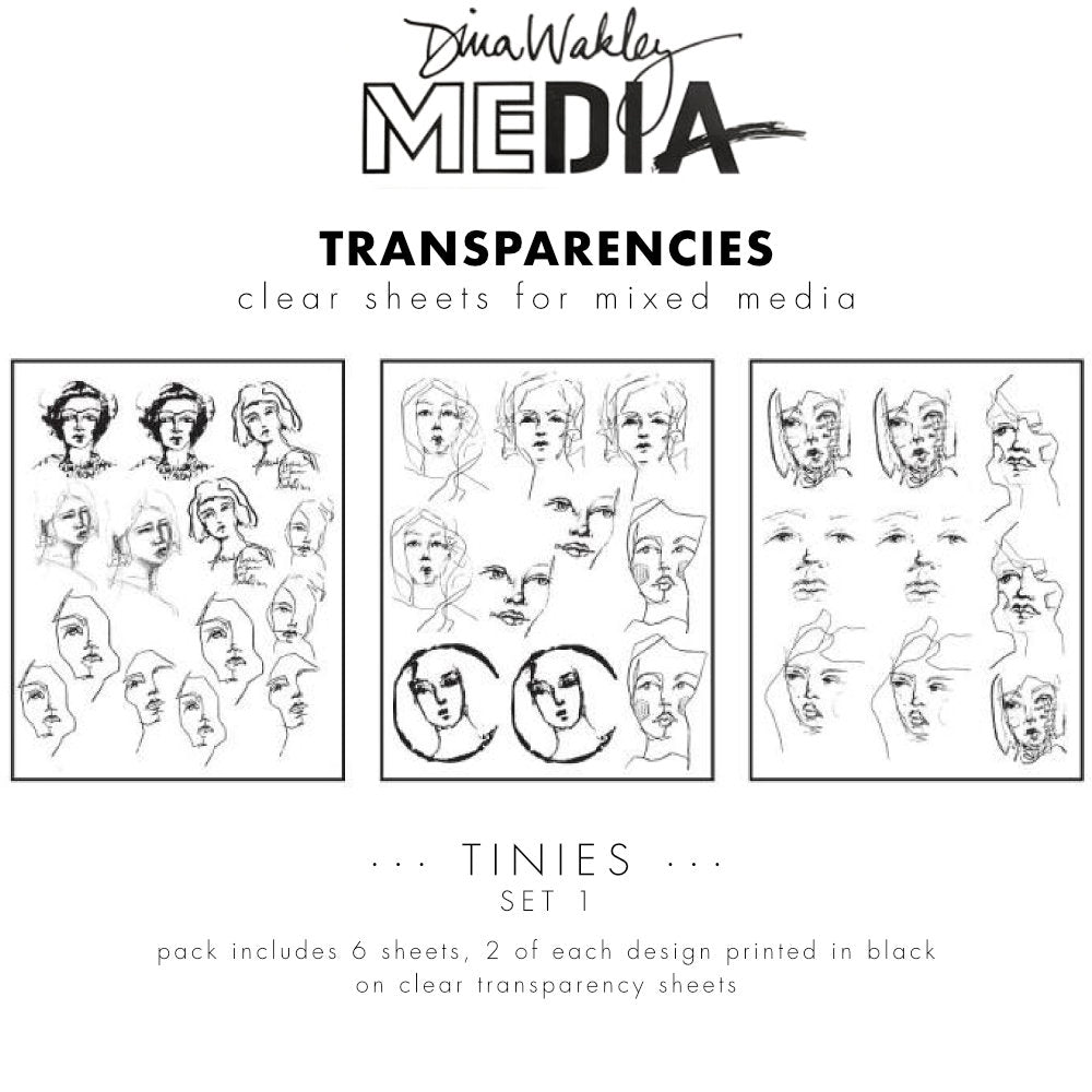 Tinies (set 1) - Transparencies ... by Dina Wakley MEdia and Ranger. 6 (six) sheets of clear film printed with black designs, 8.5" x 10.75" in size. Use&nbsp;for creative collage, journaling, bookmaking, scrapbooking, mixed media and other visual arts.&nbsp; Dina Wakley MEdia Transparencies include 6 sheets of clear acetate or plastic film printed with 3 (three) designs featuring beautiful portraits of people in lots of little sizes. There are 2 (two) of each design.