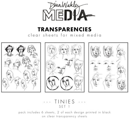 Tinies (set 1) - Transparencies ... by Dina Wakley MEdia and Ranger. 6 (six) sheets of clear film printed with black designs, 8.5" x 10.75" in size. Use&nbsp;for creative collage, journaling, bookmaking, scrapbooking, mixed media and other visual arts.&nbsp; Dina Wakley MEdia Transparencies include 6 sheets of clear acetate or plastic film printed with 3 (three) designs featuring beautiful portraits of people in lots of little sizes. There are 2 (two) of each design.