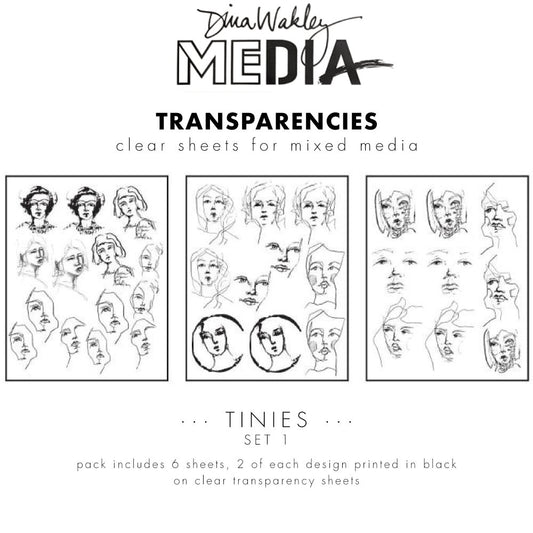 Tinies (set 1) - Transparencies ... by Dina Wakley MEdia and Ranger. 6 (six) sheets of clear film printed with black designs, 8.5" x 10.75" in size. Use&nbsp;for creative collage, journaling, bookmaking, scrapbooking, mixed media and other visual arts.&nbsp; Dina Wakley MEdia Transparencies include 6 sheets of clear acetate or plastic film printed with 3 (three) designs featuring beautiful portraits of people in lots of little sizes. There are 2 (two) of each design.