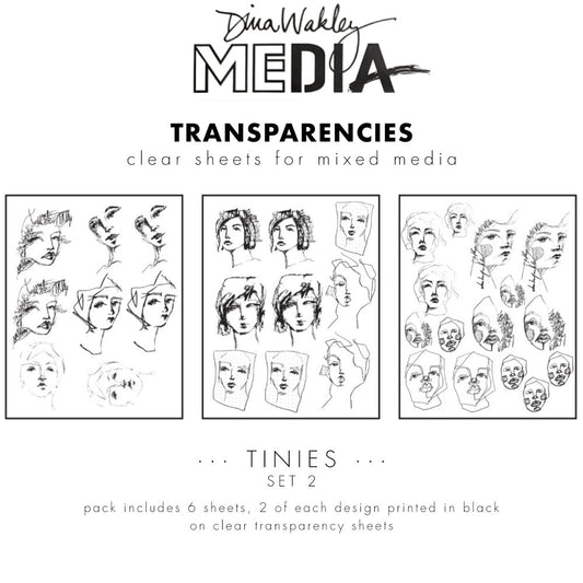 Tinies (set 2) - Transparencies ... by Dina Wakley MEdia and Ranger. 6 (six) sheets of clear film printed with black designs, 8.5" x 10.75" in size. Use for creative collage, journaling, bookmaking, scrapbooking, mixed media and other visual arts. Dina Wakley MEdia Transparencies include 6 sheets of clear acetate or plastic film printed with 3 (three) designs featuring beautiful portraits of people in lots of little sizes. There are 2 (two) of each design.