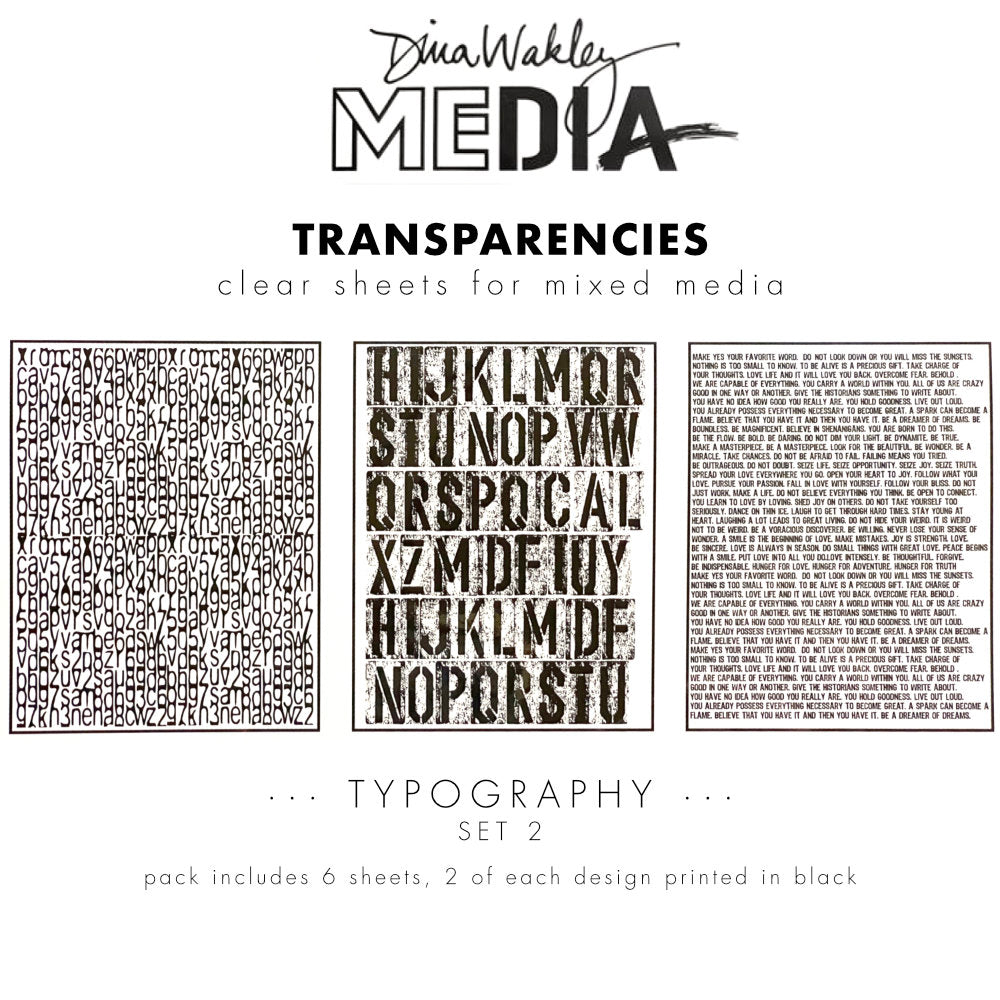 examples of Typography (set 2) - Transparencies ... by Dina Wakley MEdia and Ranger. 6 (six) sheets of clear film printed with black designs featuring words, phrases, text, alphabetical artwork, 8.5" x 10.75" in size. Use for creative collage, journaling, bookmaking, scrapbooking, mixed media and other visual arts. MDA82668
