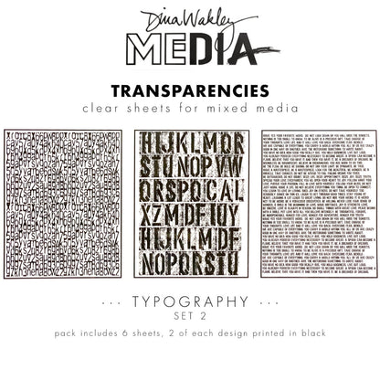 examples of Typography (set 2) - Transparencies ... by Dina Wakley MEdia and Ranger. 6 (six) sheets of clear film printed with black designs featuring words, phrases, text, alphabetical artwork, 8.5" x 10.75" in size. Use for creative collage, journaling, bookmaking, scrapbooking, mixed media and other visual arts. MDA82668