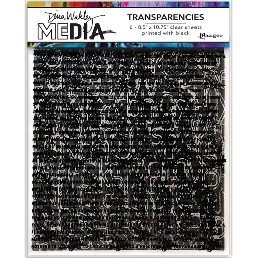 Typography (set 1) - Transparencies ... by Dina Wakley MEdia and Ranger. 6 (six) sheets of clear film printed with black designs, 8.5" x 10.75" in size. Use for creative collage, journaling, bookmaking, scrapbooking, mixed media and other visual arts.   Dina Wakley MEdia Transparencies include 6 sheets of clear acetate or plastic film printed with 3 (three) alphabetically themed designs with text and typography. There are 2 (two) of each design.