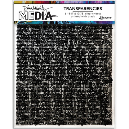 Typography (set 1) - Transparencies ... by Dina Wakley MEdia and Ranger. 6 (six) sheets of clear film printed with black designs, 8.5" x 10.75" in size. Use for creative collage, journaling, bookmaking, scrapbooking, mixed media and other visual arts.   Dina Wakley MEdia Transparencies include 6 sheets of clear acetate or plastic film printed with 3 (three) alphabetically themed designs with text and typography. There are 2 (two) of each design.