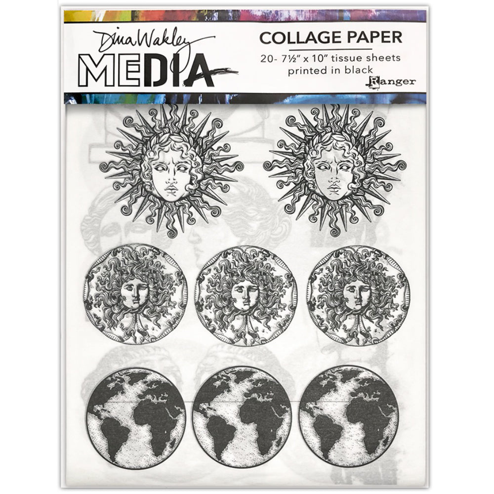 Antiquities - Collage Tissue Paper by Dina Wakley MEdia and Ranger - white lightweight tissue paper with black prints. Designs in this pack of paper tissue include vintage moon faces (in full, smiley, sleepy and crescent styles), our Earth, goddess faces and statues, masked faces, winged angels, collage designs and more.