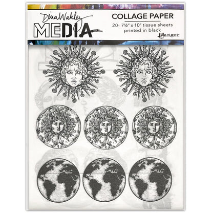 Antiquities - Collage Tissue Paper by Dina Wakley MEdia and Ranger - white lightweight tissue paper with black prints. Designs in this pack of paper tissue include vintage moon faces (in full, smiley, sleepy and crescent styles), our Earth, goddess faces and statues, masked faces, winged angels, collage designs and more.