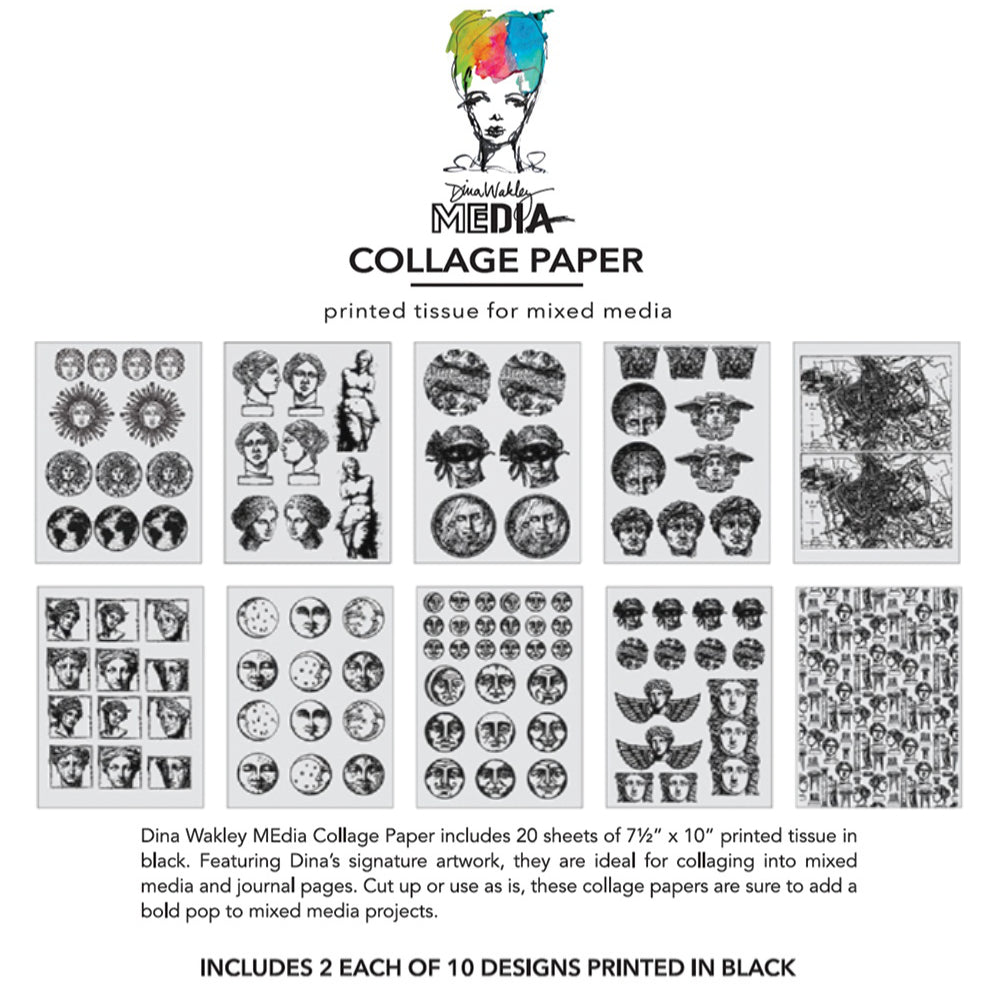 Antiquities - Collage Tissue Paper by Dina Wakley MEdia and Ranger - white lightweight tissue paper with black prints. Designs in this pack of paper tissue include vintage moon faces (in full, smiley, sleepy and crescent styles), our Earth, goddess faces and statues, masked faces, winged angels, collage designs and more.