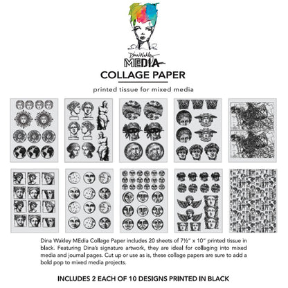 Antiquities - Collage Tissue Paper by Dina Wakley MEdia and Ranger - white lightweight tissue paper with black prints. Designs in this pack of paper tissue include vintage moon faces (in full, smiley, sleepy and crescent styles), our Earth, goddess faces and statues, masked faces, winged angels, collage designs and more.