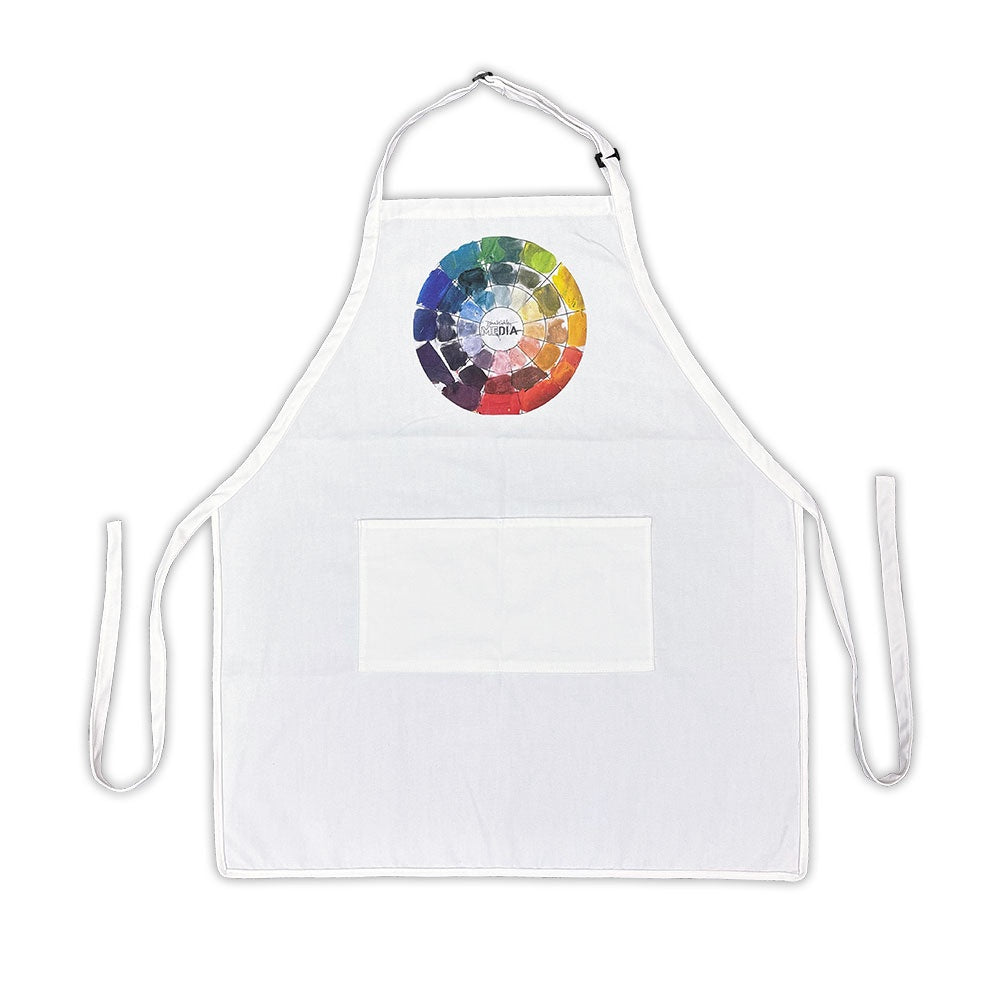 Apron ... by Dina Wakley MEdia and Ranger - Large adult sized apron made of natural warm white canvas material 28" wide x 32" long, with adjustable neck strap, long ties and two large pockets, each 7 1/8" wide x 7" deep. 
The printed design at the neckline is of a colour theory wheel featuring beautiful colourful realistic looking paint marks over black outlines with Dina's logo in the centre.
