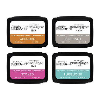Dina's Faves, BetterPress Mini Ink Pad Set - Dina Wakley MEdia BetterPress Mini Ink Pads ... designed with Spellbinders, made by Ranger. Set of 4 (four) colours - Cheddar, Elephant, Stoked, Turquoise (one of each). These inks are a specially formulated medium made by Ranger for the Spellbinders Paper Arts BetterPress range of inks. The BetterPress ink contains all the features of Ranger's Archival Ink, plus is a wetter and slower drying ink, giving you more time to layer and print. Pack of 4.