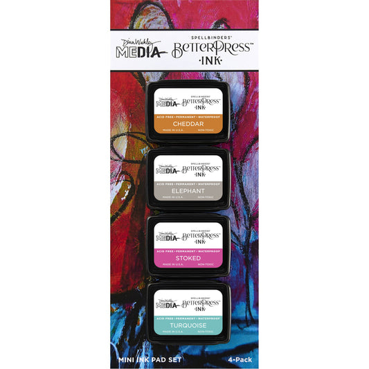 Dina's Faves, BetterPress Mini Ink Pad Set - Dina Wakley MEdia BetterPress Mini Ink Pads ... designed with Spellbinders, made by Ranger. Set of 4 (four) colours - Cheddar, Elephant, Stoked, Turquoise (one of each). These inks are a specially formulated medium made by Ranger for the Spellbinders Paper Arts BetterPress range of inks. The BetterPress ink contains all the features of Ranger's Archival Ink, plus is a wetter and slower drying ink, giving you more time to layer and print. Pack of 4.