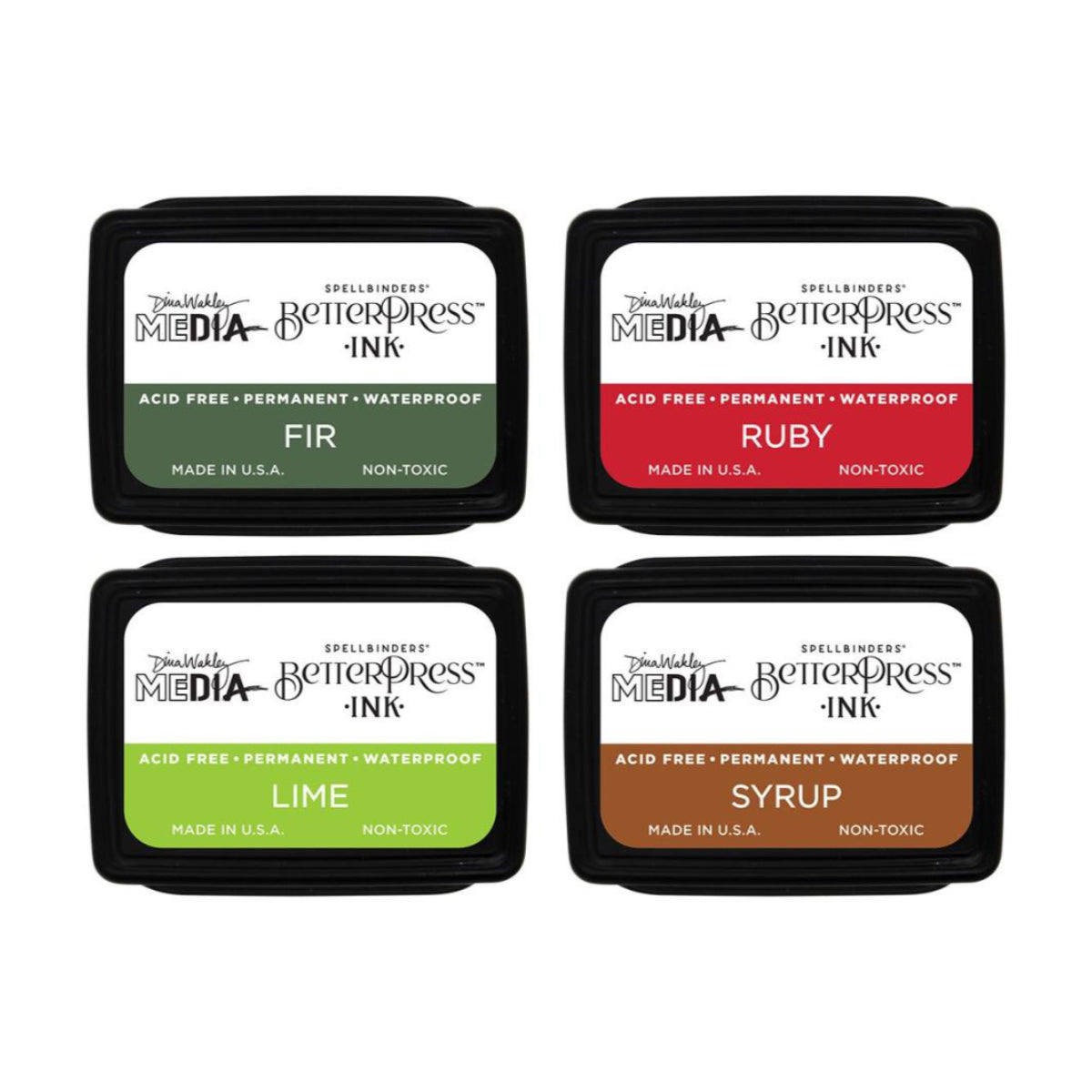 Festive - BPI059 . Dina Wakley MEdia Mini Ink Pad Set of 4 (four) colours - Fir, Ruby, Lime, Syrup (one of each). Dina Wakley's BetterPress inks are a specially formulated slow drying Archival Ink made by Ranger for Dina and Spellbinders Paper Arts. The BetterPress ink is a wetter and slower drying ink, giving you more time to layer and print with BetterPress metal plates and etched dies. Photo of the 4 closed ink pads showing lid label.