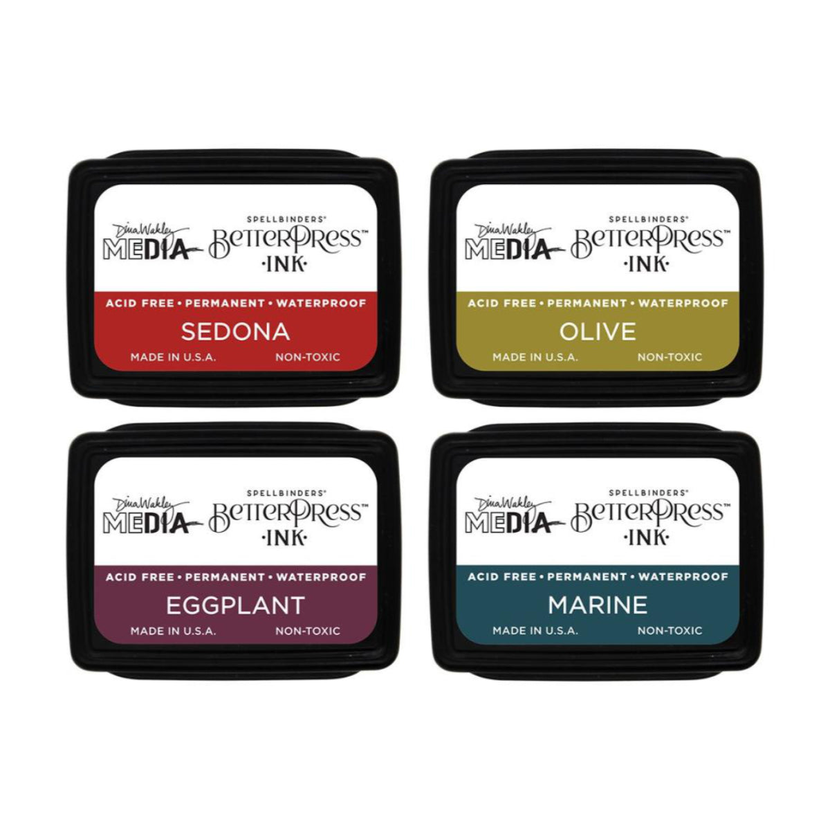 Earthy - BPI054 . Dina Wakley MEdia Mini Ink Pad Set of 4 (four) colours - Sedona, Olive, Eggplant, Marine (one of each). Dina Wakley's BetterPress inks are a specially formulated slow drying Archival Ink made by Ranger for Dina and Spellbinders Paper Arts. The BetterPress ink is a wetter and slower drying ink, giving you more time to layer and print with BetterPress metal plates and etched dies. Photo of the 4 closed ink pads showing lid label.