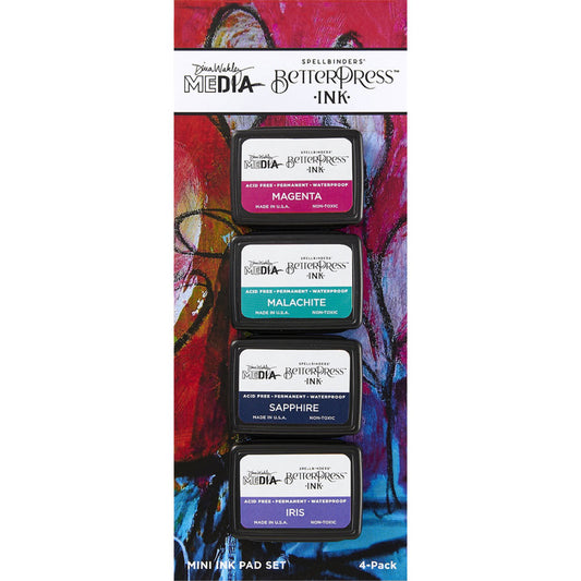 Happy, BetterPress Mini Ink Pad Set - Dina Wakley MEdia BetterPress Mini Ink Pads ... designed with Spellbinders, made by Ranger. Set of 4 (four) colours - Magenta, Malachite, Sapphire, Iris (one of each). Dina Wakley's Mini Ink Pads are a specially formulated inks made by Ranger for the Spellbinders Paper Arts BetterPress range of stamp pads. The BetterPress ink contains all the features of Ranger's Archival Ink, plus is a wetter and slower drying ink, giving you more time to print. Pack of 4.