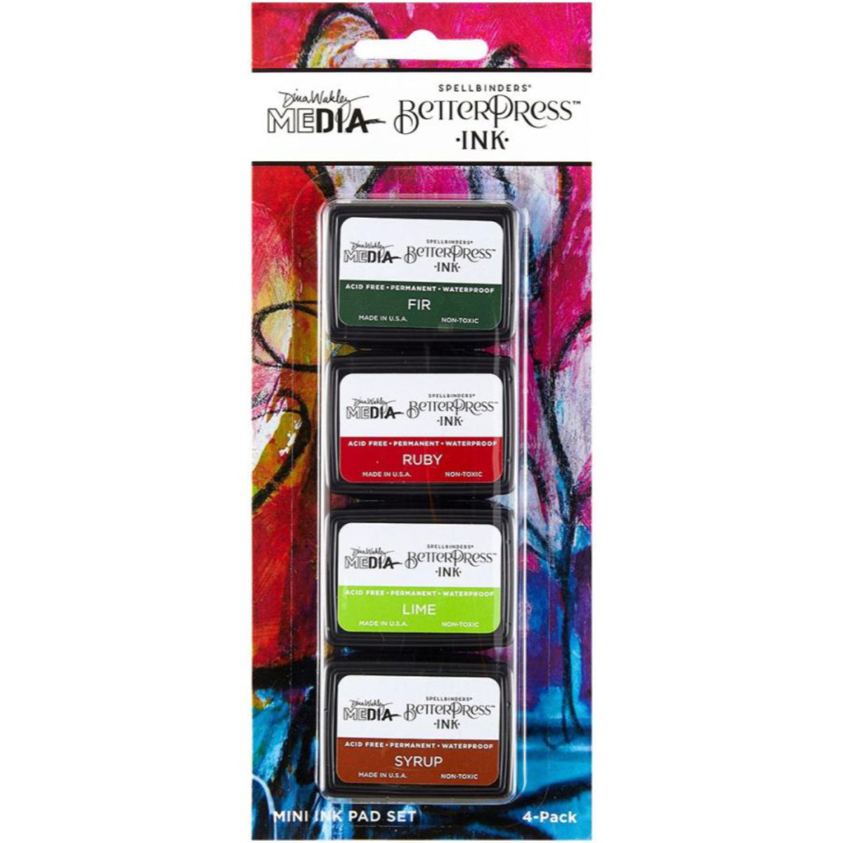 Festive - BPI059 . Dina Wakley MEdia Mini Ink Pad Set of 4 (four) colours - Fir, Ruby, Lime, Syrup (one of each). Dina Wakley's BetterPress inks are a specially formulated slow drying Archival Ink made by Ranger for Dina and Spellbinders Paper Arts. The BetterPress ink is a wetter and slower drying ink, giving you more time to layer and print with BetterPress metal plates and etched dies. Photo of the pack.