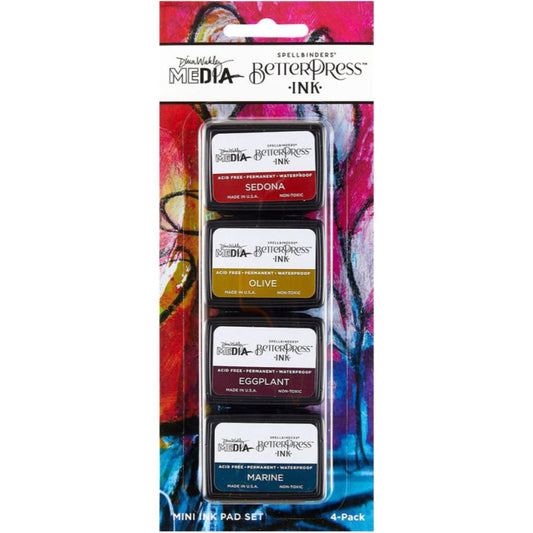 Earthy - BPI054 . Dina Wakley MEdia Mini Ink Pad Set of 4 (four) colours - Sedona, Olive, Eggplant, Marine (one of each). Dina Wakley's BetterPress inks are a specially formulated slow drying Archival Ink made by Ranger for Dina and Spellbinders Paper Arts. The BetterPress ink is a wetter and slower drying ink, giving you more time to layer and print with BetterPress metal plates and etched dies. Photo of the pack.