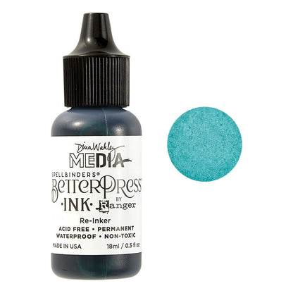 BetterPress Inks by Dina Wakley MEdia designed with Spellbinders, made by Ranger, available in Mini Ink Pads and Reinkers. Dina Wakley's Inks are a specially formulated medium made by Ranger for the Spellbinders Paper Arts BetterPress range of papercrafting supplies, has all the permanent and versatile features of Ranger's Archival Ink, plus is a wetter and slower drying ink, giving you more time to print. Image of Circle swatch next to the bottle of Malachite.