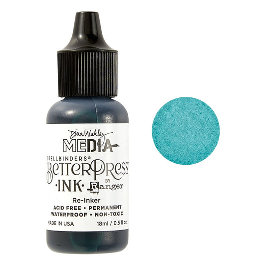 BetterPress Inks by Dina Wakley MEdia designed with Spellbinders, made by Ranger, available in Mini Ink Pads and Reinkers. Dina Wakley's Inks are a specially formulated medium made by Ranger for the Spellbinders Paper Arts BetterPress range of papercrafting supplies, has all the permanent and versatile features of Ranger's Archival Ink, plus is a wetter and slower drying ink, giving you more time to print. Image of Circle swatch next to the bottle of Malachite.