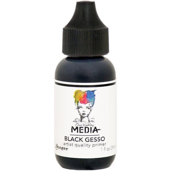 Black Gesso - Dina Wakley MEdia ... artist quality opaque black primer for preparing surfaces for painting, mixed media and visual arts. 1 (one) bottle with  a fine tip nozzle, 1 fl oz (29ml). Made by Ranger.   Ranger's Dina Wakley MEdia's artist quality Black Gesso (also called grounds or primer) is a thick consistency, made of an acrylic base that is water soluble when wet. This quick drying gesso dries flexible, black opaque with a toothy finish. 