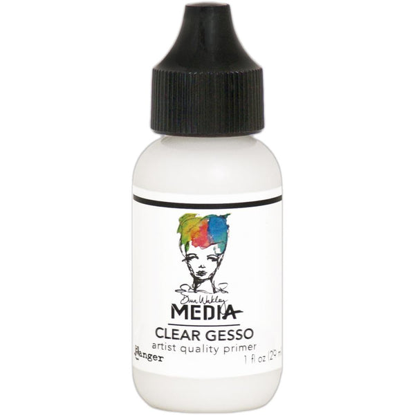 Clear Gesso - Dina Wakley MEdia ... artist quality primer for preparing surfaces for painting, mixed media and visual arts. 1 (one) bottle with  a fine tip nozzle, 1 fl oz (29ml). Made by Ranger.   Ranger's Dina Wakley MEdia's artist quality Clear Gesso (also called grounds or primer) is a thick consistency, made of an acrylic base that is water soluble when wet. This quick drying gesso dries flexible and transparent with a toothy finish. 