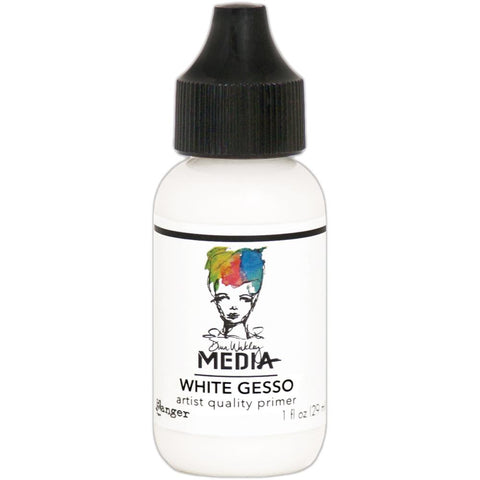 White Gesso - Dina Wakley MEdia ... artist quality opaque white primer for preparing surfaces for painting, mixed media and visual arts. 1 (one) bottle with  a fine tip nozzle, 1 fl oz (29ml). Made by Ranger.   Ranger's Dina Wakley MEdia's artist quality White Gesso (also called grounds or primer) is a thick consistency, made of an acrylic base that is water soluble when wet. This quick drying gesso dries flexible and opaque with a toothy finish. 