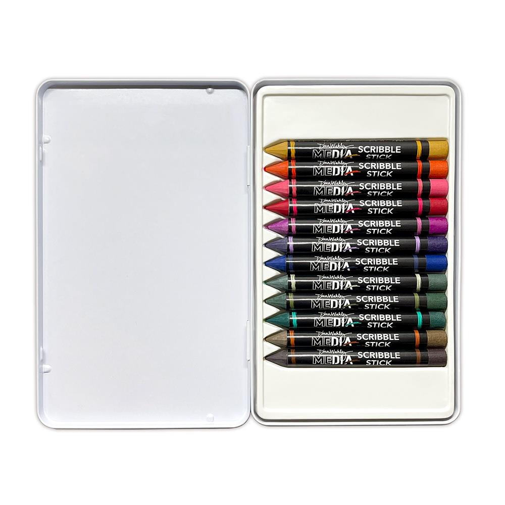 Scribble Sticks - Set 5 ... Dina Wakley MEdia. 12 (twelve) watersoluble crayon-pastel-pencil-sticks for us to use with visual arts, journaling, mixed media, papercrafts, scrapbooking, painting canvas and having a fabulous arty crafty painterly time. Dina Wakley's Scribble Sticks are a watersoluble mixed media medium in the shape of a crayon or short woodless pencil. These pastels are an acrylic based paint stick fused with high quality watersoluble pigments in vibrant opaque and semi-opaque colours. 