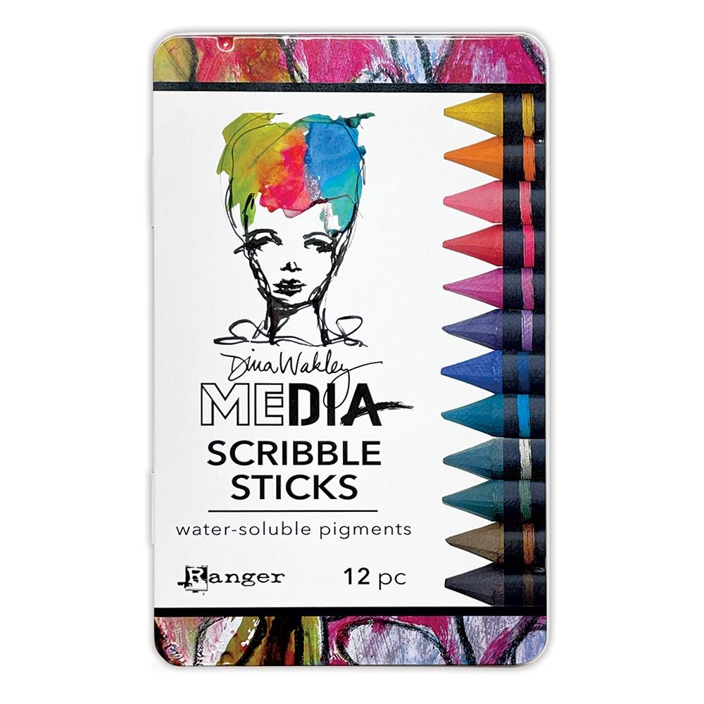 Scribble Sticks - Set 5 ... Dina Wakley MEdia. 12 (twelve) watersoluble crayon-pastel-pencil-sticks for us to use with visual arts, journaling, mixed media, papercrafts, scrapbooking, painting canvas and having a fabulous arty crafty painterly time. Dina Wakley's Scribble Sticks are a watersoluble mixed media medium in the shape of a crayon or short woodless pencil. These pastels are an acrylic based paint stick fused with high quality watersoluble pigments in vibrant opaque and semi-opaque colours. 