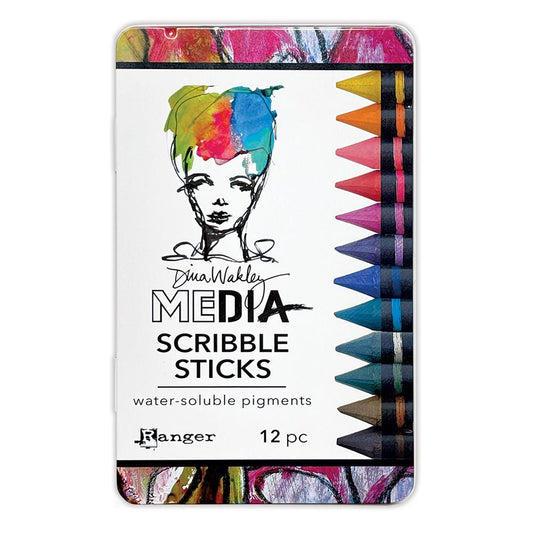 Scribble Sticks - Set 5 ... Dina Wakley MEdia. 12 (twelve) watersoluble crayon-pastel-pencil-sticks for us to use with visual arts, journaling, mixed media, papercrafts, scrapbooking, painting canvas and having a fabulous arty crafty painterly time. Dina Wakley's Scribble Sticks are a watersoluble mixed media medium in the shape of a crayon or short woodless pencil. These pastels are an acrylic based paint stick fused with high quality watersoluble pigments in vibrant opaque and semi-opaque colours. 