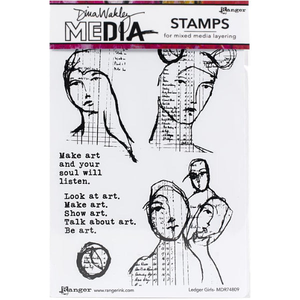 Ledger Girls - Stamps by Dina Wakley MEdia ... red rubber stamps featuring inky profiles of people, a collaged spot and two quotes. Set of 6 (six) designs (MDR74809) for use in papercrafts, stamping, journaling, mixed media, visual arts. Dina Wakley MEdia rubber stamp set includes 3 people stamps designed with loose inky outlines collaged over vintage ledger or bookwork prints. The wise sayings or quotes are designed in a slab serif font, similar to a typewriter typestyle.
