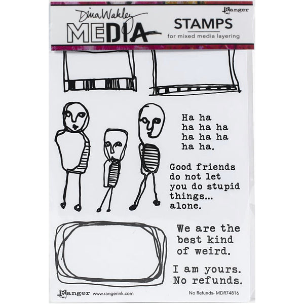 No Refunds - Stamps by Dina Wakley MEdia ... red rubber stamps featuring 3 people standing, 4 quotes and 3 frames. Set of 10 (ten) designs (MDR74816) for use in papercrafts, stamping, journaling, mixed media, visual arts. Dina Wakley MEdia rubber stamp set includes 3 people stamps, each illustrated in inky scribbly lines plus 3 rectangular frames, 1 with rounded corners and 4 quotes. The wise sayings or quotes are designed in a slab serif font, similar to a typewriter typestyle.
