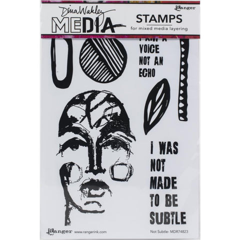 Not Subtle - Stamps by Dina Wakley MEdia ... red rubber stamps featuring boldly drawn face, leaves, elements and quotes. Set of 7 (seven) designs  (MDR74823) for use in papercrafts, stamping, journaling, mixed media, visual arts. Dina Wakley MEdia rubber stamp set includes one face drawn in thick bold lines, 4 shapes (leaf, circle, strip, oval) and 2 quotes. The wise sayings or quotes are designed in a bold condensed uppercase font.