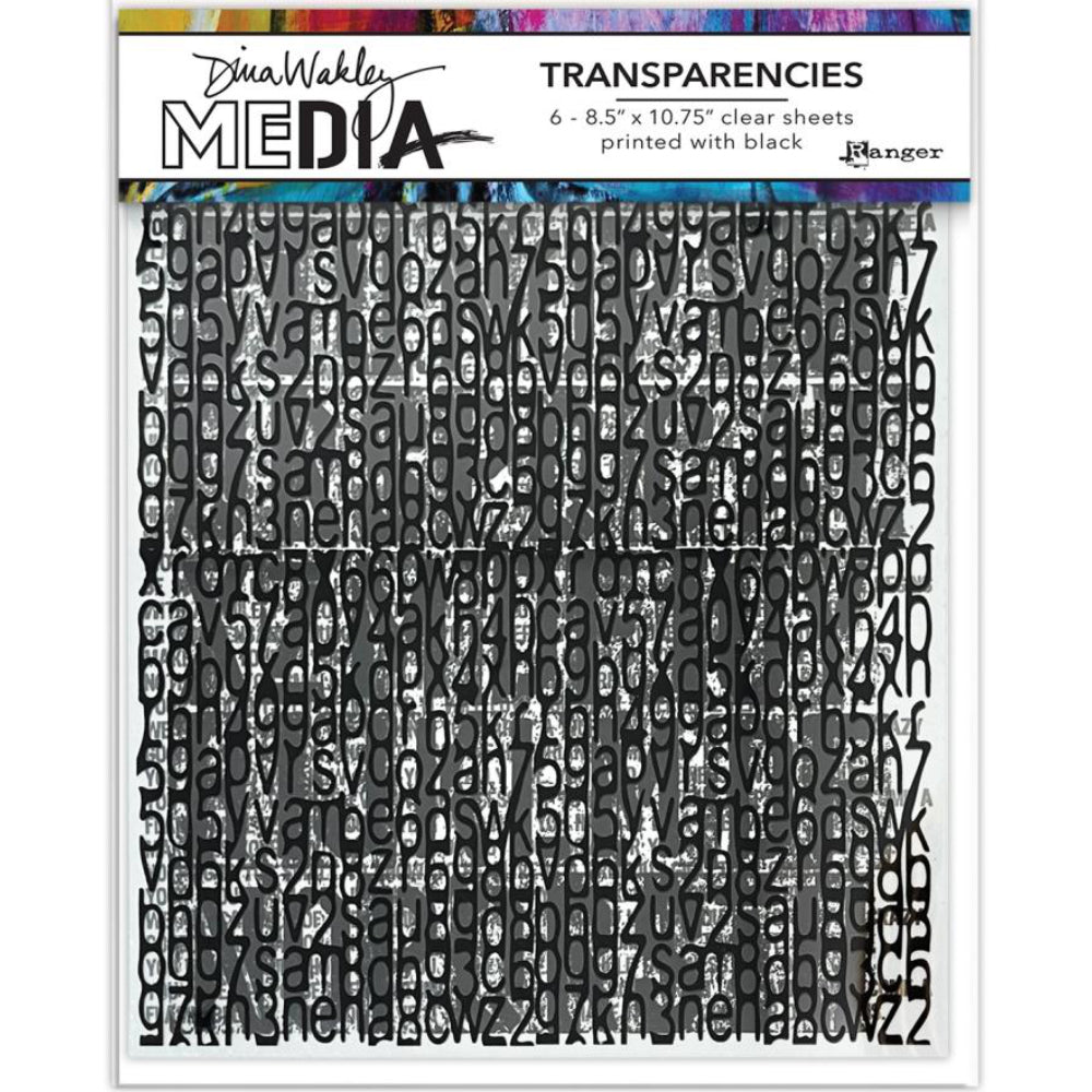Typography (set 2) - Transparencies ... by Dina Wakley MEdia and Ranger. 6 (six) sheets of clear film printed with black designs featuring words, phrases, text, alphabetical artwork, 8.5" x 10.75" in size. Use for creative collage, journaling, bookmaking, scrapbooking, mixed media and other visual arts. MDA82668