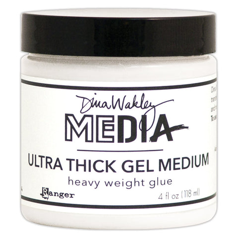 Ultra Thick Gel Matte Medium, Clear  - Dina Wakley MEdia, 4 fl oz (118ml) jar. Made by Ranger. Dries strong, flexible, smooth and matte (non shiny).  The versatile Dina Wakley MEdia Ultra Thick Gel Matte Medium is a heavy weight glue for adhering all your layers together when using canvas, burlap, papers, cardstock and elements in all kinds of arts, crafts, collage, journaling, scrapbooking and mixed media projects.