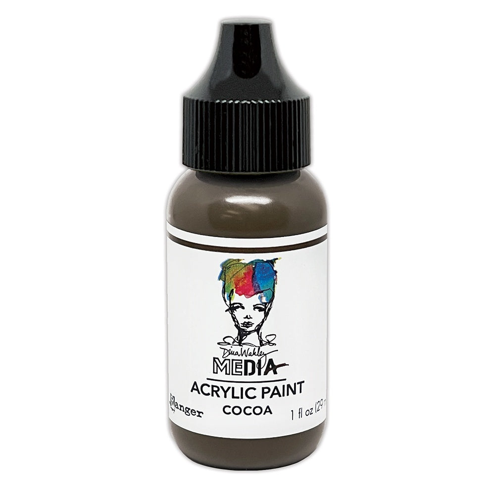 Cocoa - dark brown - Acrylic Paint - Choose any 1 (one) colour ... by Dina Wakley MEdia and Ranger Ink. Each bottle holds 1 fl oz (29ml) of thick buttery acrylic paint and has a fine tipped nozzle for dotting, doodling, squeezing into a paint palette or squeezing out a drop onto a paint brush.   These beautiful paints by Dina Wakley MEdia are an opaque (gives good coverage) acrylic thick paint, richly pigmented artists quality paint, satin finish. 