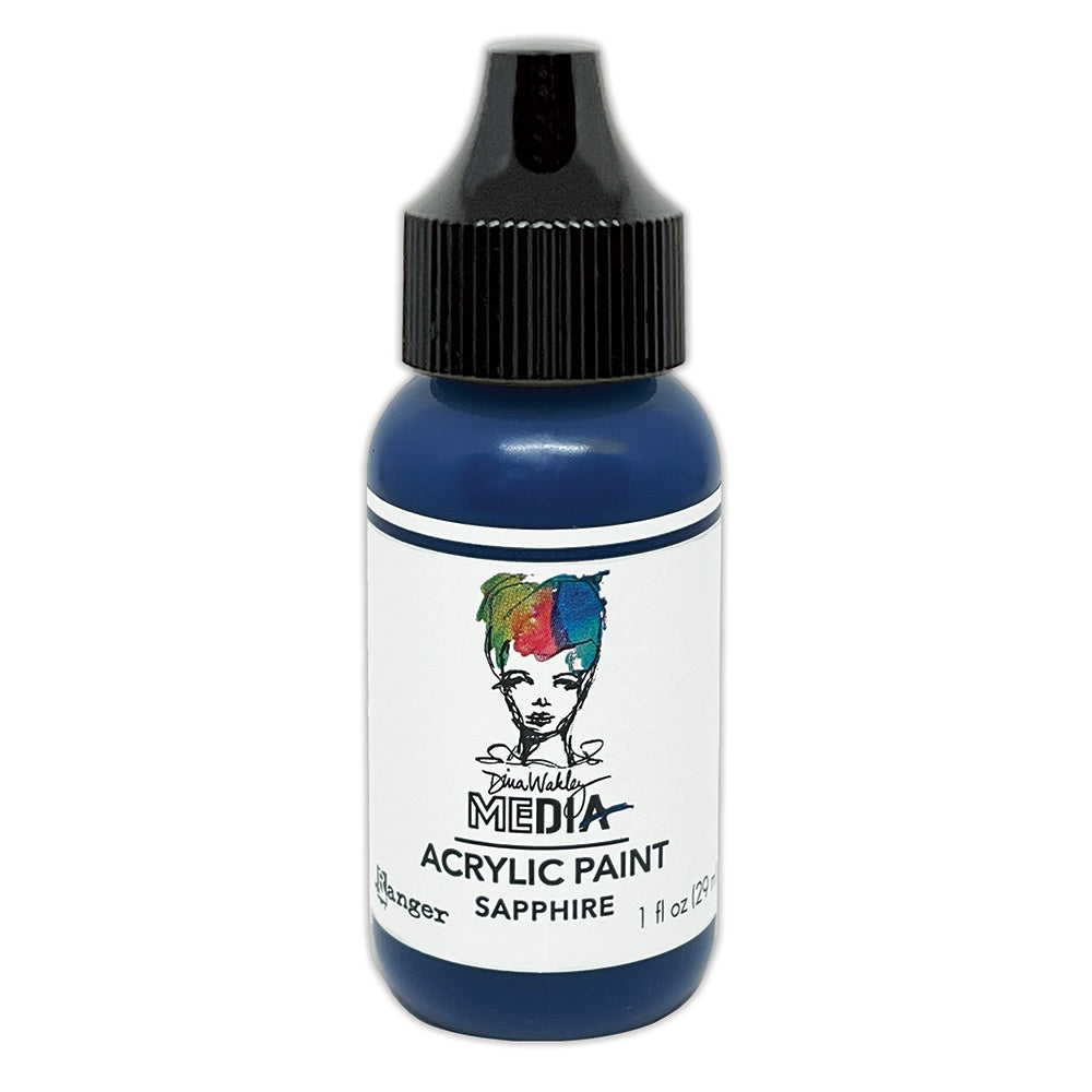 Sapphire (dark blue) - Acrylic Paint - Choose any 1 (one) colour ... by Dina Wakley MEdia and Ranger Ink. Each bottle holds 1 fl oz (29ml) of thick buttery acrylic paint and has a fine tipped nozzle for dotting, doodling, squeezing into a paint palette or squeezing out a drop onto a paint brush.   These beautiful paints by Dina Wakley MEdia are an opaque (gives good coverage) acrylic thick paint, richly pigmented artists quality paint, satin finish. 