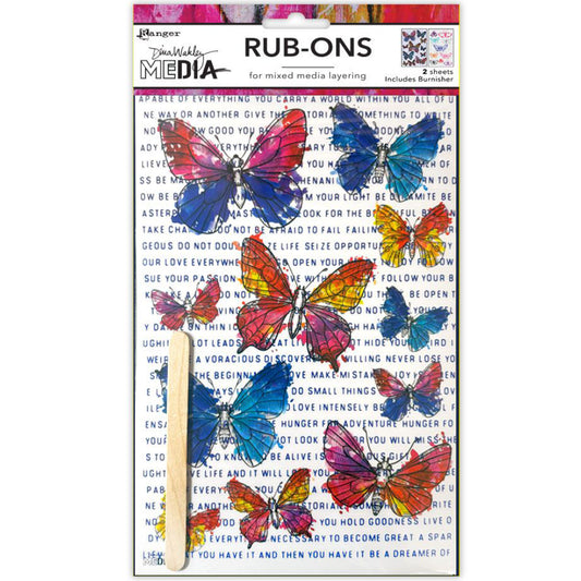 Flutters - Rub-on Transfers by Dina Wakley MEdia and Ranger - pressure sensitive stickers for use in mixed media, scrapbooking, papercrafts, visual arts. 2 (two) sheets of butterflies and text overlays, 1 of each design. Rubons are pressure sensitive transfer sticker sheets that can be applied to almost any surface - paper, card, glass, plastic, stone, metal, wood. Cut up or use as a whole sheet, whichever you wish.
