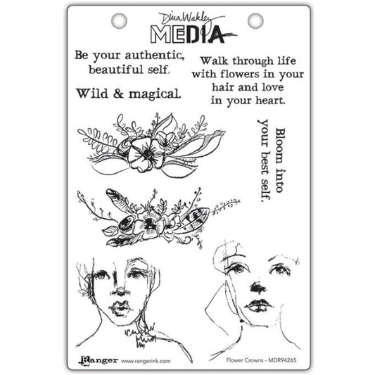 Flower Crowns - Dina Wakley MEdia ... Cling Mounted Red Rubber Stamps. Illustrations of magical quotes, two floral designs and two portraits. 8 (eight) designs (MDR94265). 
Illustrated by Dina in her wonderful authentic drawing style, each of these designs are wonderful to use every day.
Bloom into your best self with these beautiful original designs.