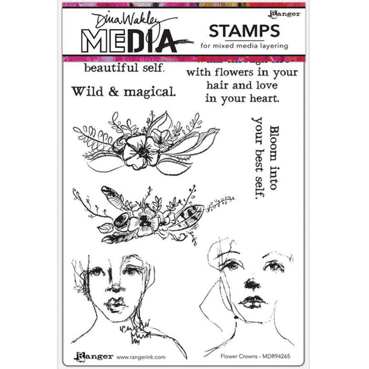 Flower Crowns - Dina Wakley MEdia ... Cling Mounted Red Rubber Stamps. Illustrations of magical quotes, two floral designs and two portraits. 8 (eight) designs (MDR94265). 
Illustrated by Dina in her wonderful authentic drawing style, each of these designs are wonderful to use every day.
Bloom into your best self with these beautiful original designs.