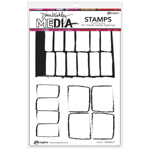 Grid It - by Dina Wakley MEdia and Ranger ... cling foam mounted, red rubber stamps for endless creative possibilities. 3 (three) designs (MDR1G3FK).  This set of original portraits by Dina Wakley features three different sets of frames or grids, waiting for you to use paper, collage and scissors with inks, paints and glues (or staples).
