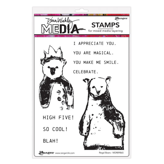 Regal Bears - Dina Wakley MEdia ... Cling Mounted Red Rubber Stamps in 9 (nine) designs (MDR89865). This set also includes well said sentiments - I appreciate you. You are magical. You make me smile. Celebrate. High five! So cool! and my favourite, Blah! - in an easy to ready typestyle, all in uppercase (capital letters).