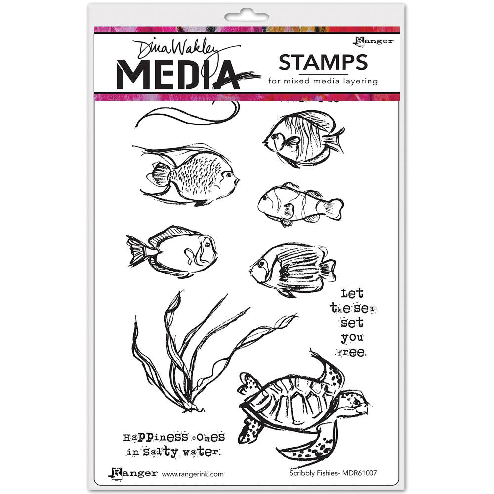 Scribbly Fishies - Dina Wakley MEdia ... Cling Mounted Red Rubber Stamps. Animals, fish and plants from under the ocean with 3 mindful sayings. 11 (eleven) designs (MDR61007).&nbsp;

This set includes beautiful creatures from under the sea in a loose sketchy style - 5 fish, a turtle, seaweed, curl of water (or leaf), and 3 sayings.

- The waves of the sea inspire me.
- Let the sea set you free.
- Happiness comes in salty water.