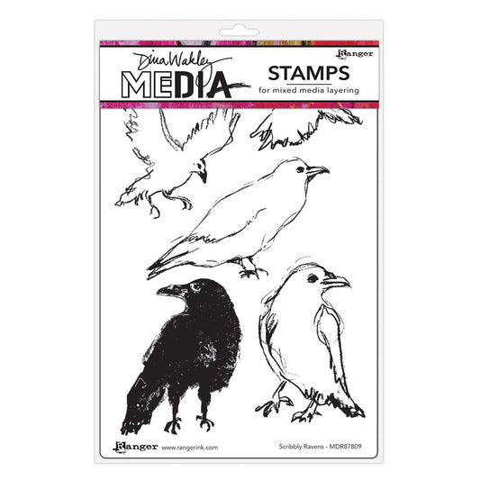 Scribbly Ravens - Dina Wakley MEdia ... Cling Mounted Red Rubber Stamps in 5 (five) designs (MDR87809).

Beautiful birds that love to fly, watch, perch, scavenge and stalk craft supplies while you use them to create with journals, on cards, in scrapbooks and tags. These are illustrated in Dina's scribbly rustic style so you know they'll compliment everything we love to make :) Have fun with your new feathered friends! Made by Stampers Anonymous.