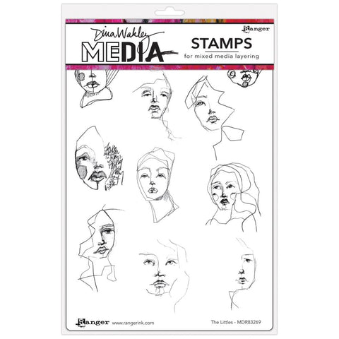 The Littles - by Dina Wakley MEdia ... cling foam mounted, red rubber stamps for endless creative possibilities. 10 (ten) designs (MDR1G3FM).  This set of original portraits by Dina Wakley features the Littlies, smaller illustrations of people's faces, sideways, flowing hair across the face, half faces and more. Use to create a whole village full of different people in your art using paper, collage and scissors with inks, paints and glues (or staples).