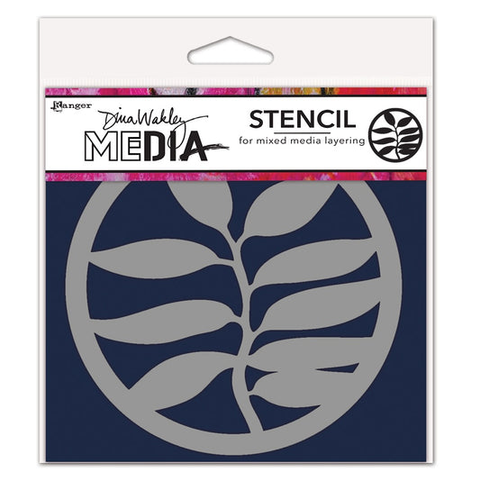 A Frond - Coaster Stencil - Dina Wakley MEdia ... Round stencil for layering colour, texture and patterns in mixed media, visual arts and papercrafts. 1 (one) circular piece 5 1/2" wide (14cm) with a cut out design featuring a leafy sprig. MDS84907 , This elegant leafy sprig is as large as the coaster stencil itself, with leaves outstretched to the round edge. Apply this versatile pattern to your project in the background, create a cut-out window or use it as a featured element.