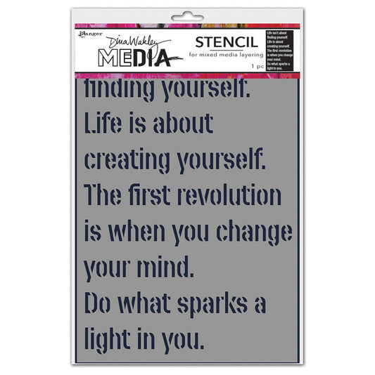Create Yourself - Stencil - Dina Wakley MEdia ... Rectangular stencil with cutout lettering forming heartfelt positive messages to reaffirm you are important. Use for layering colour, texture and patterns in mixed media, visual arts and papercrafts. 1 (one) piece 6" x 9". MDS87687 . Layer this fantastic stencil by Dina Wakley to add meaning to your artwork quickly and easily. Apply this versatile pattern to your project in the background or make it a featured element in the design.