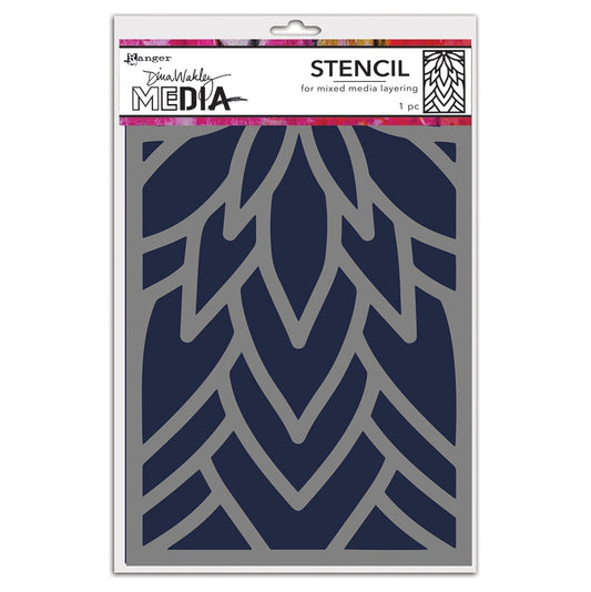 Petals - Stencil - Dina Wakley MEdia ... Rectangular stencil with cutout pattern of layered leaves or petals. Use for layering colour, texture and patterns in mixed media, visual arts and papercrafts. 1 (one) piece 6" x 9". MDS87700 . This design by Dina features elongated leaves or petals, pointing downwards and layering over each other to create flowery leafy dimension. Use in your artwork hanging down or growing up from the base so they reach for the stars Or sideways, like air plants do sometimes.