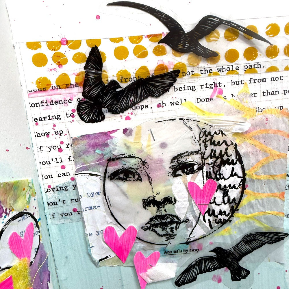 Sample made by Dina Wakley, the artist behind 'Dina Wakley MEdia' visual arts designer and creator. Artwork features flying birds and face stamped onto transparencies, tissue layers, transparent abstract prints, in colours of mustard, black, neon pink and black.